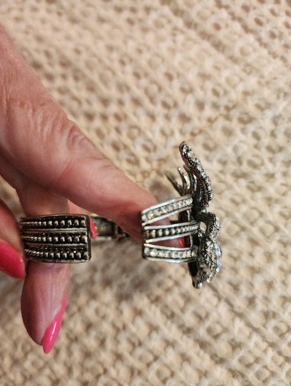 Ornate Vintage Black Rhinestone Silver Spider Clamp Style Bracelet Halloween